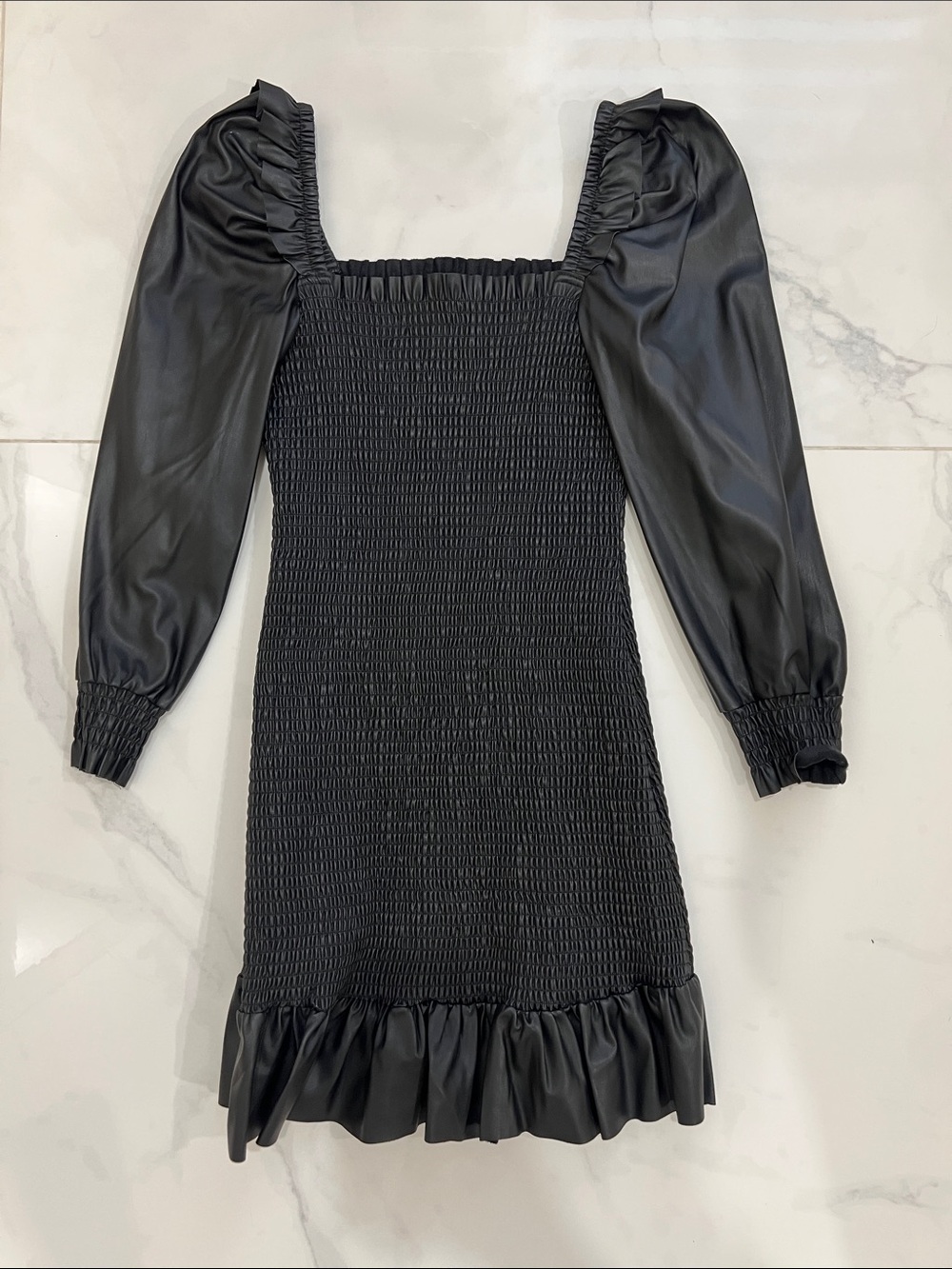 7 For All Mankind Women’s Black Leather Smocked Puff-Sleeve Dress